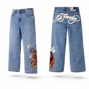 Ed Hardy Light Blue stretch wide Leg Jeans with Tiger Design size 28